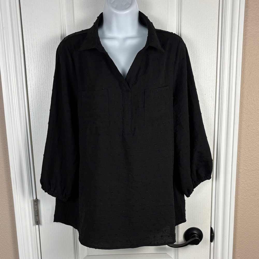 Papermoon Women's 3/4 Sleeve V-Neckโ Pockets Black Textured Blouse Size L NWT